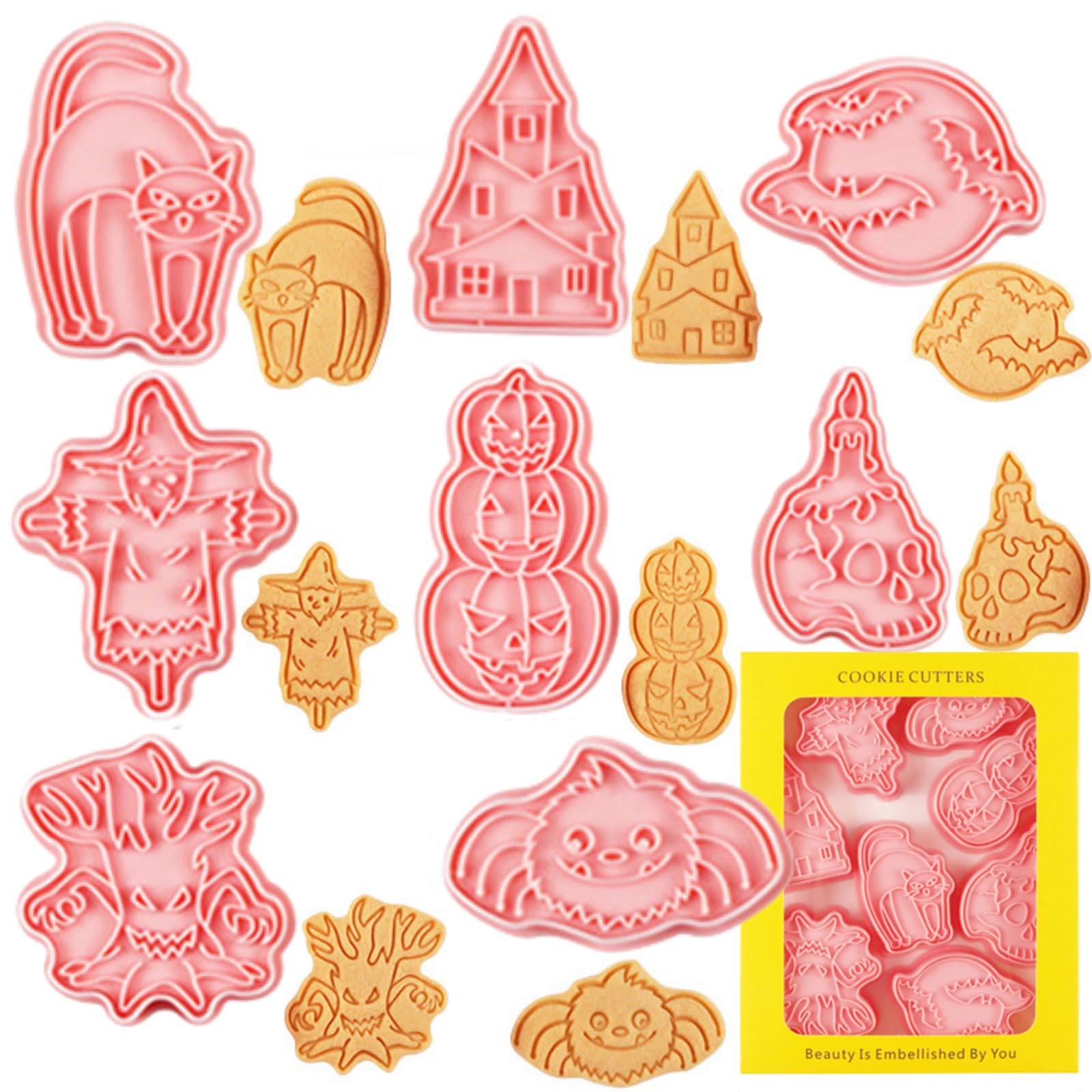 Halloween Cookie Cutters Set 8 Pcs Stamp Molds Cat Spider Bat Ghost Pumpkin Skull Haunted House Scarecrow Shaped Biscuit Cutters for Halloween Embossed Stamped Fondant Cutters