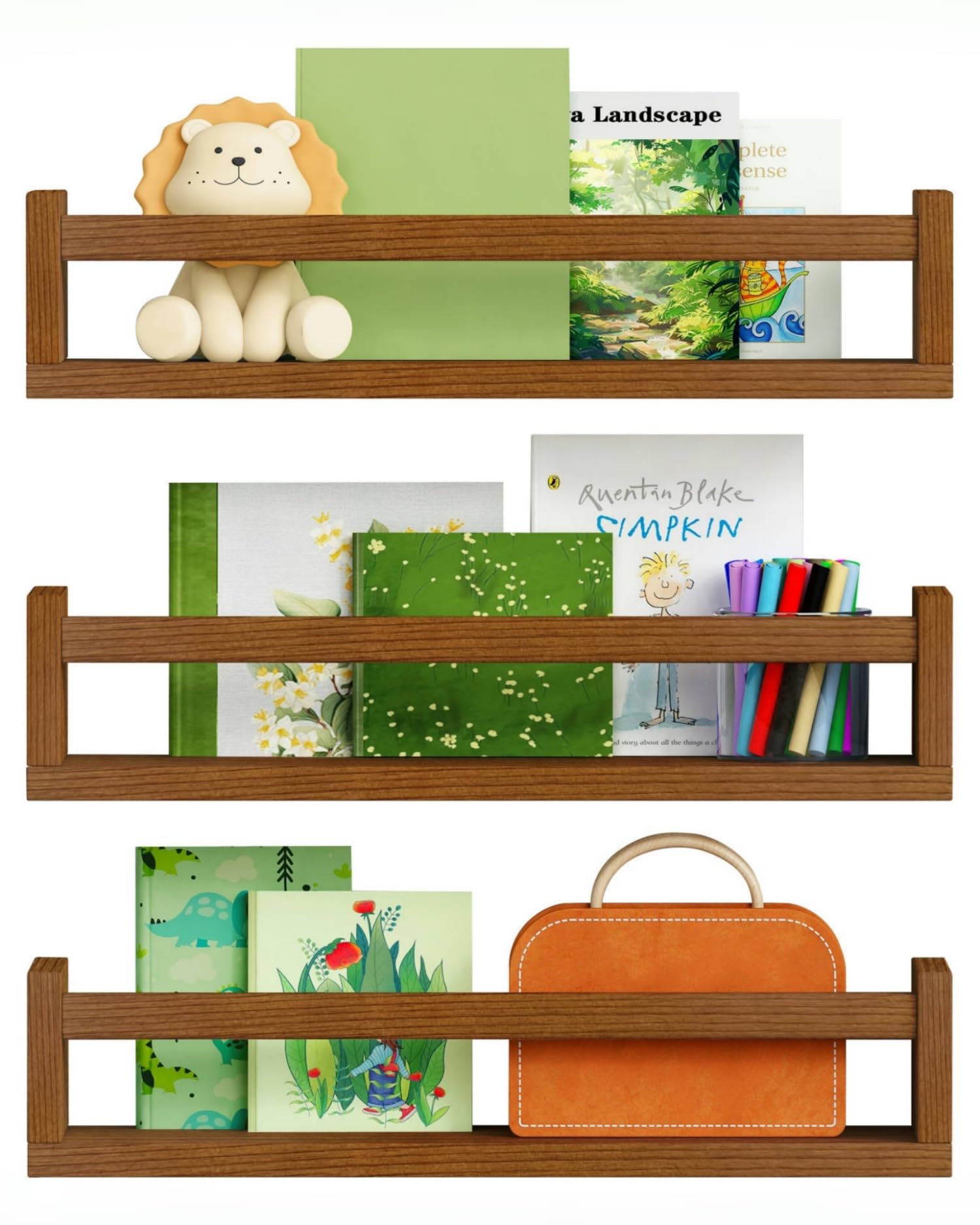 Photo 1 of Harwaya Walnut Brown Nursery Book Shelves Wall Mounted, Wooden Floating Bookshelf for Kids Room Bedroom, Dark Wood Nursery Bookshelves for Kitchen Classroom Playroom (Solid Pine, 3-Pack)
