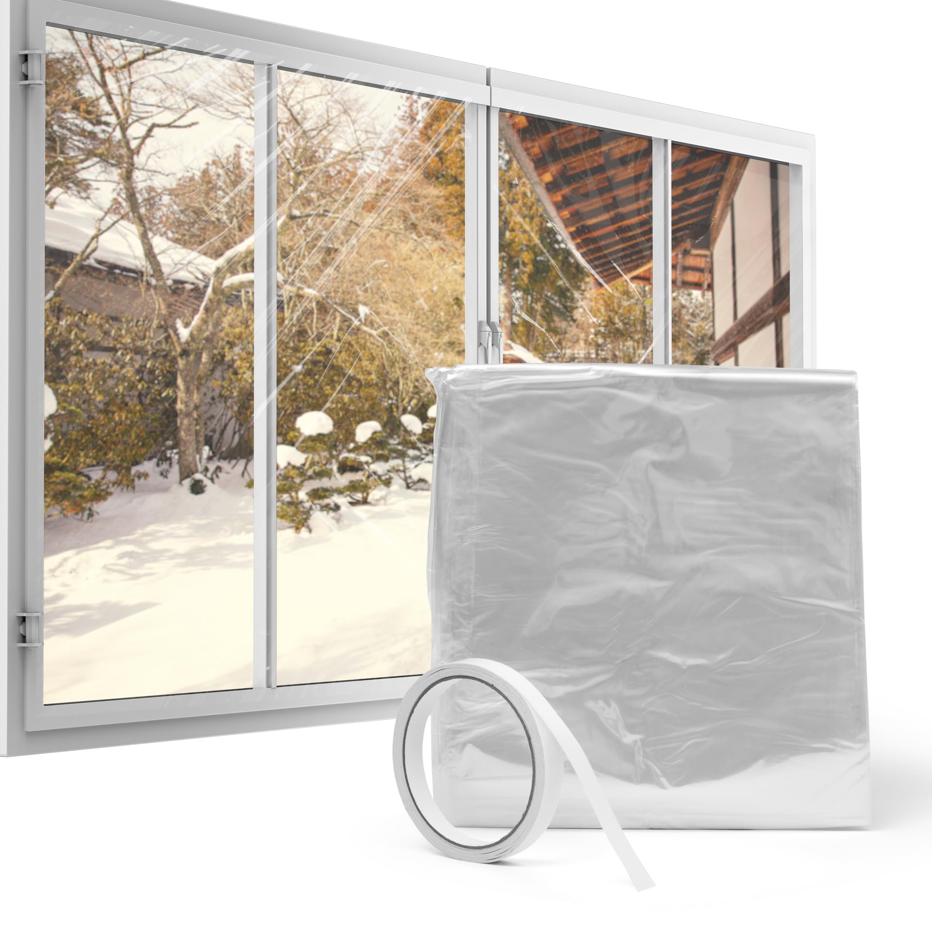 Window Insulation Film for Winter, Transparent Secondary Glazing Kit for Windows & Doors, Thermal Window Film for Winter & Cold, Windproof Secondary Glazing Film with Fixing Tape 4.5m2 (3m x 1.5m)