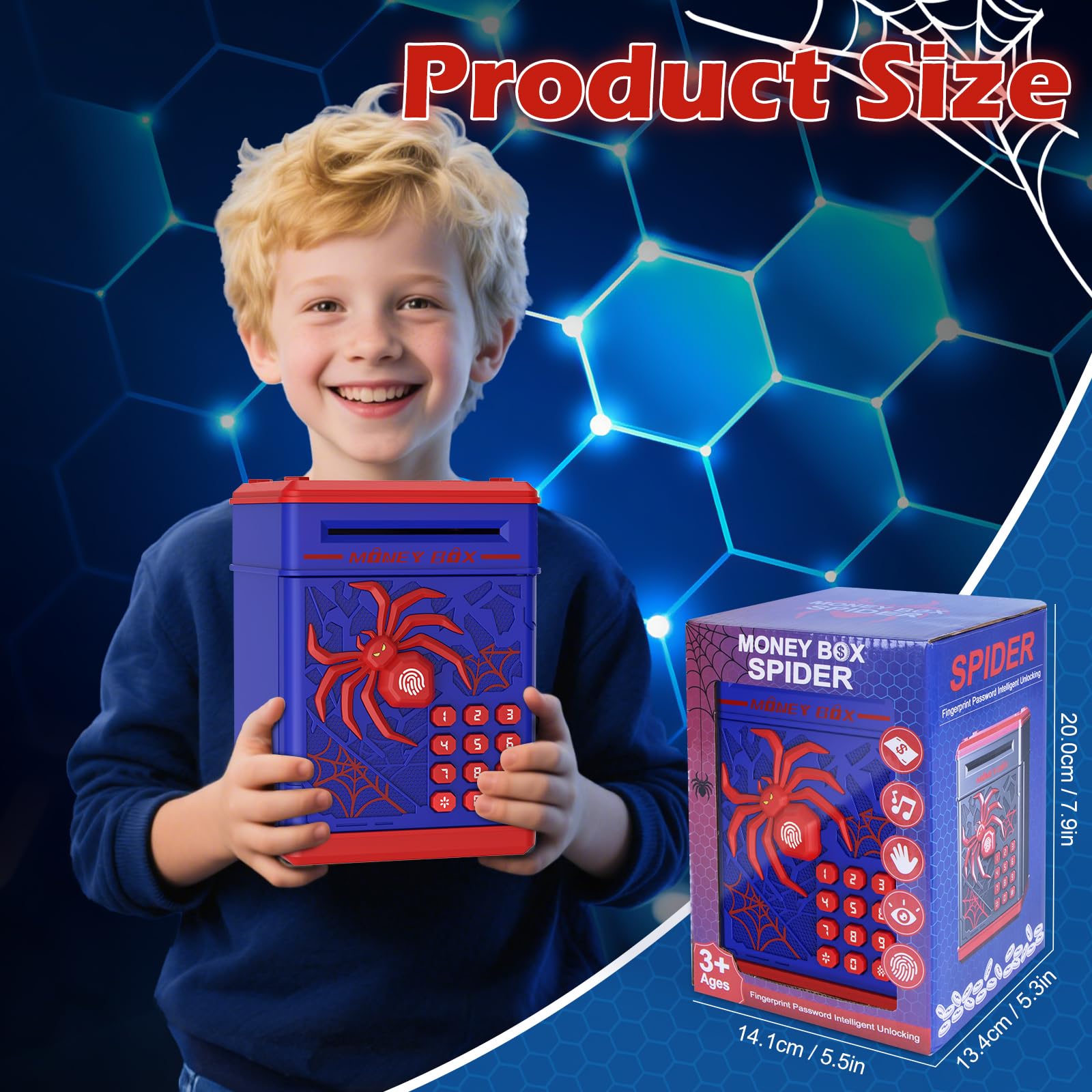 Spider Fingerprint Piggy Bank, ATM Piggy Bank for Kids Boys Girls, Kids Money Saving Box Money Safe (Blue)