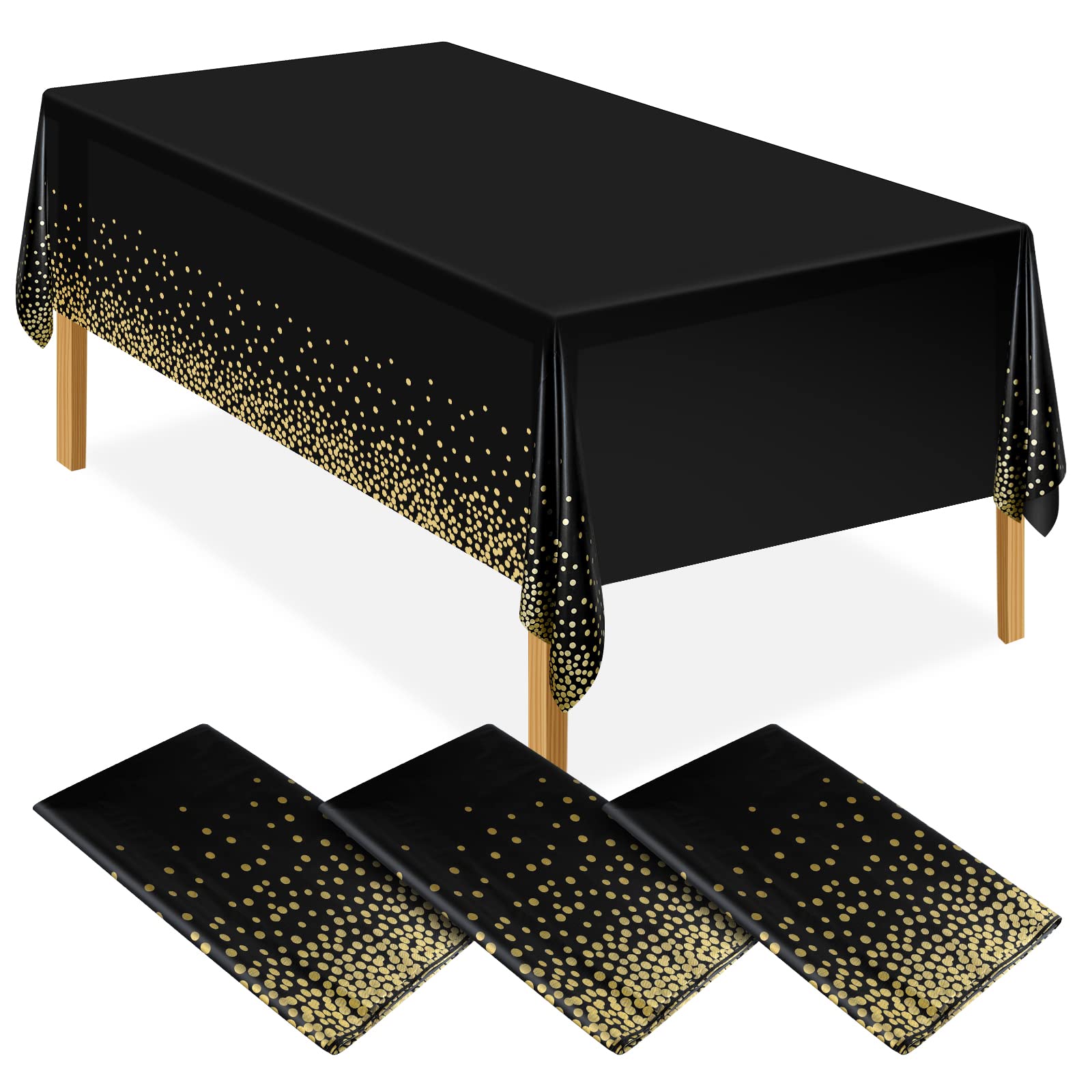 ELECLAND 3Pcs Black and Gold Party Tablecloth Plastic Tablecloth 137x274cm Gold Dot Confetti Table Cover Rectangular Party Table Cover for Picnic, Baby Shower, Halloween, Christmas