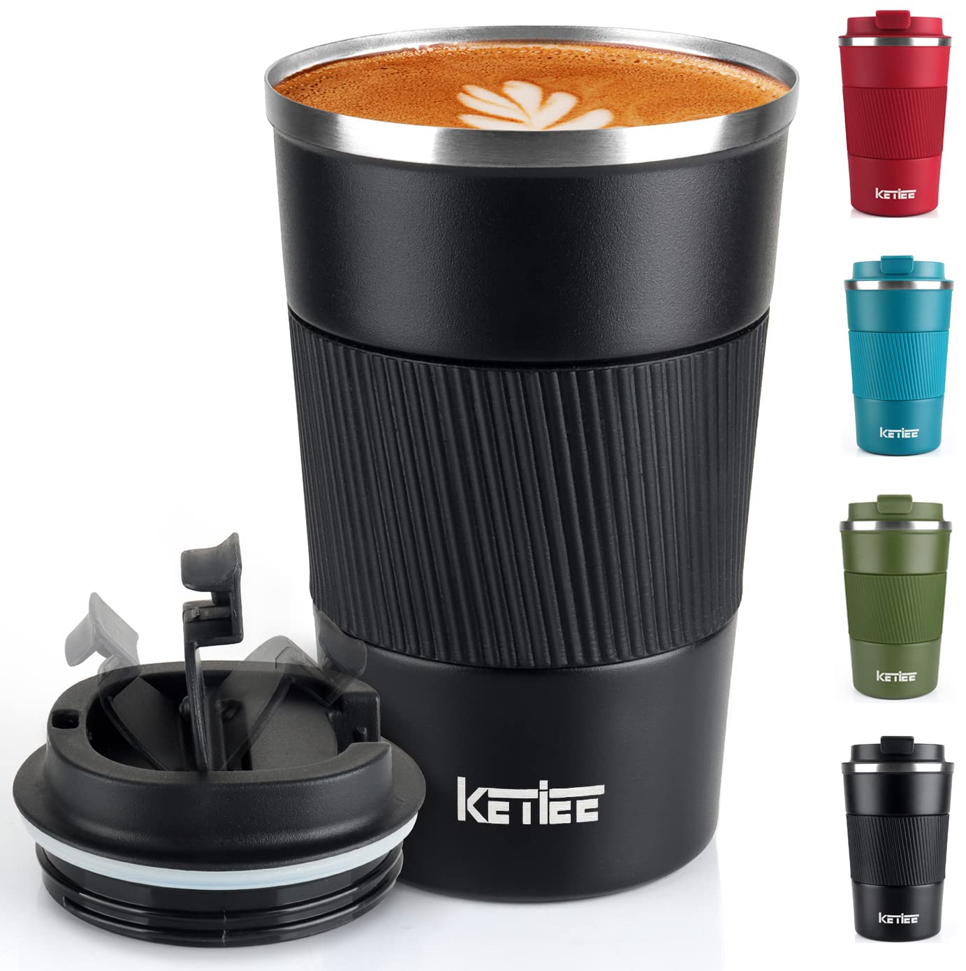 KETIEE Travel Mug, 380ml Insulated Stainless Steel Cup with Double Wall - Leakproof, Hot/Cold Drinks - Black