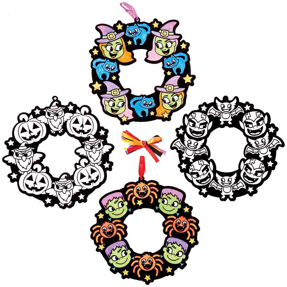 Baker Ross FX209 Halloween Colour in Fuzzy Art Wreaths - Pack of 10, Halloween Decorations Craft Kits for Kids, Door Decoration Halloween