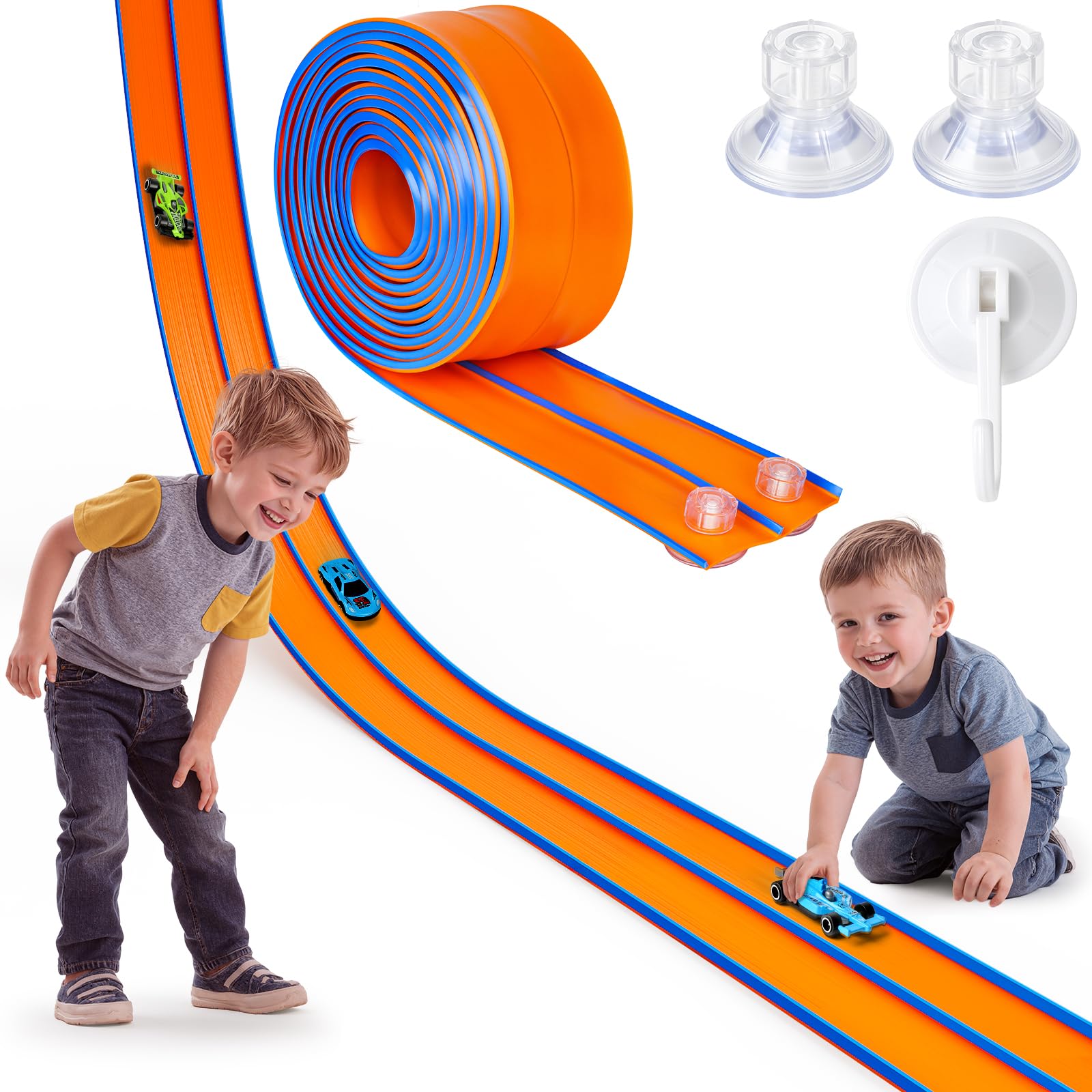 Hot Bee 4.5m Race Car Track Flexible Race Track for Kids, Toy Car Ramp Rolls up Portable Dual Racetrack, Toys for 3 4 5 6 7 8 Year Old Boys, 4-8 Year Boy Old Birthday Gift, Racing Tracks