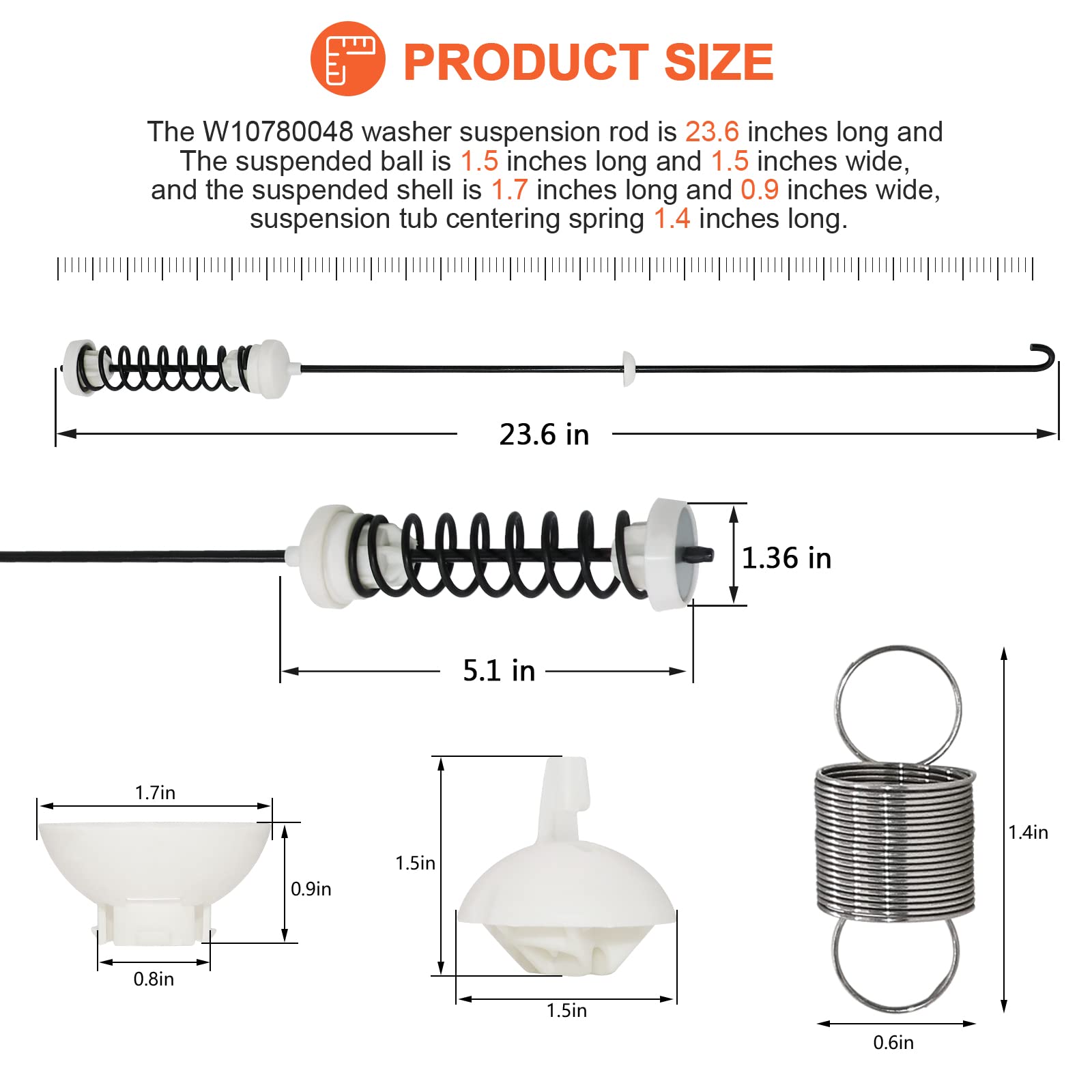 【2025 UPGRADED】 W10780048 Suspension Rods W10400895 Washer Suspension Spring(4pcs) by Beaquicy - Replacement kit for Whirl-pool Ken-more and Admiral - Replaces WTW4800XQ2, WTW4800XQ4, RTW4640YQ1