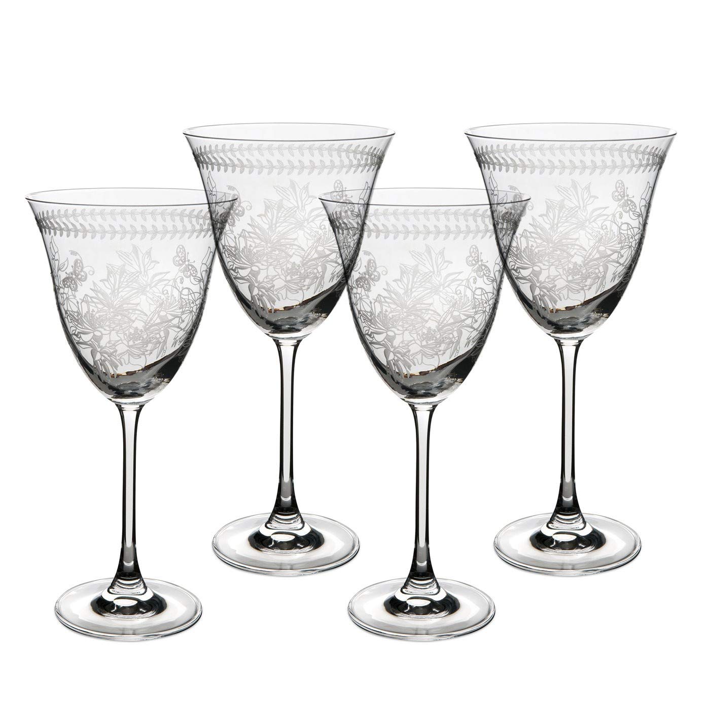 Portmeirion Botanic Garden Etched Crystal Glass Set of 4 Wine Glasses