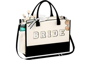 QLOVEA Chenille Patches Canvas Tote Bag with Zipper Pocket Adjustable Strap Travel Beach Bag Wedding Birthday Gifts for Women