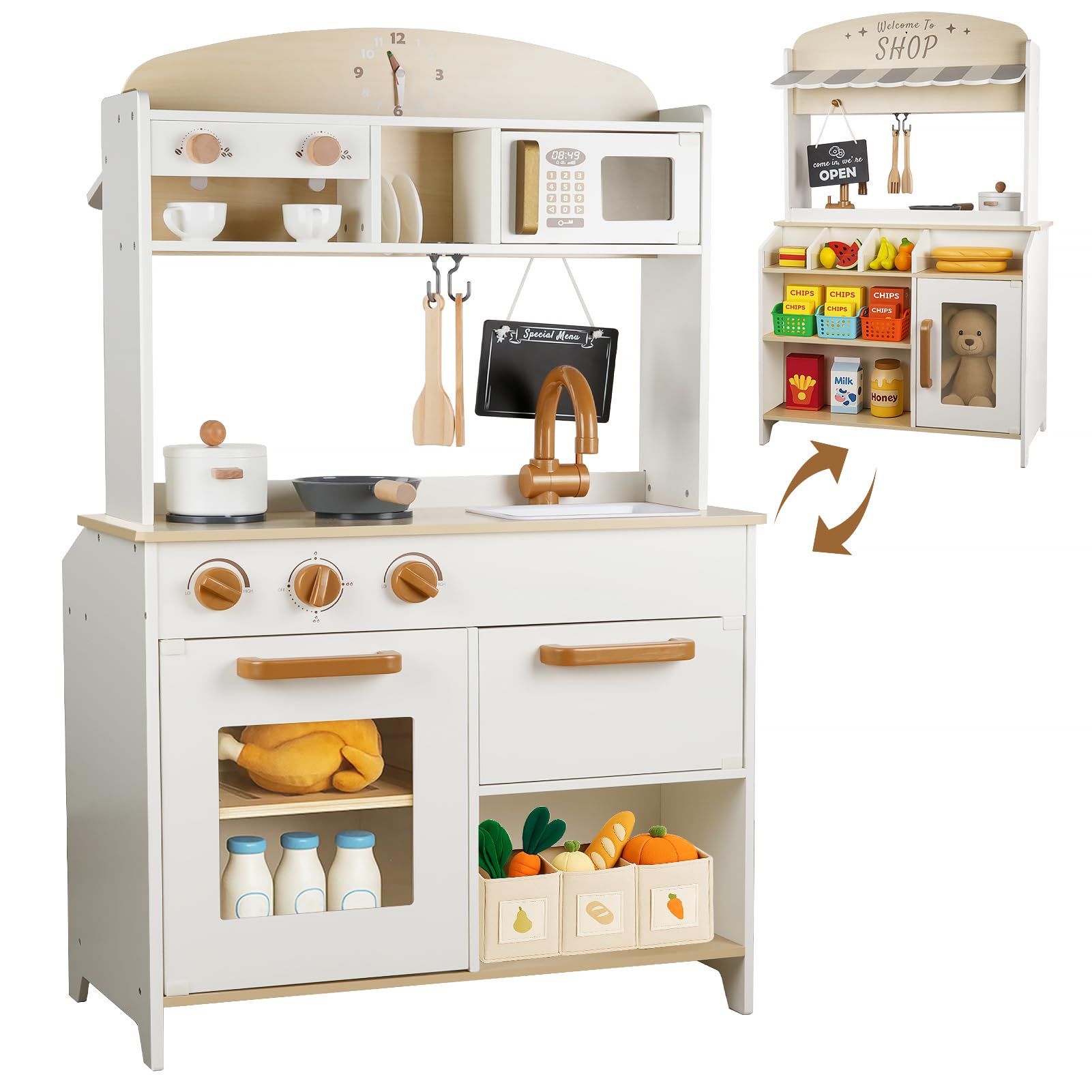 View 1 of ***MAJOR DAMAGE***NEEDS TO DE REPARED***DREAM BUILDING Dual-Sided Play Kitchen for Kids Toddlers, 2-in-1 Grocery Store&Wooden Toy Kitchen Set with Coffee Machine,Pretend Kitchen Play Set with Microwave, Oven, Gift for Boys Girls