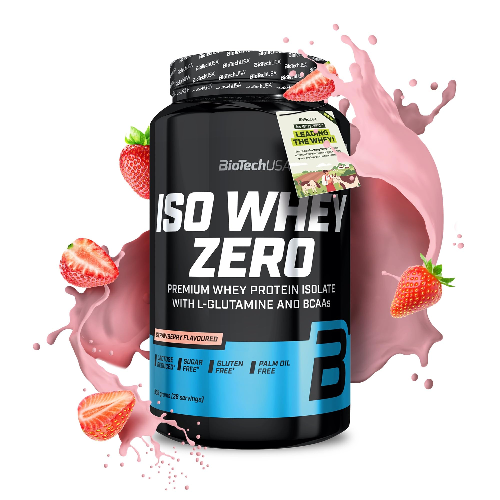 BioTechUSA Iso Whey Zero | Premium Whey Protein Isolate | Grass-Fed | Enzyme-Free | Sugar- and Gluten-Free, 908 g, Strawberry