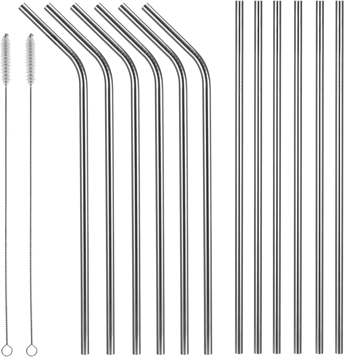X-Chef Stainless Steel Straws, 10.5 inch Reusable Drinking Straws Set(6 Straight and 6 Bend) for 20 and 30 OZ Yeti Rtic Tumbler, with 2 Cleaning Brushes