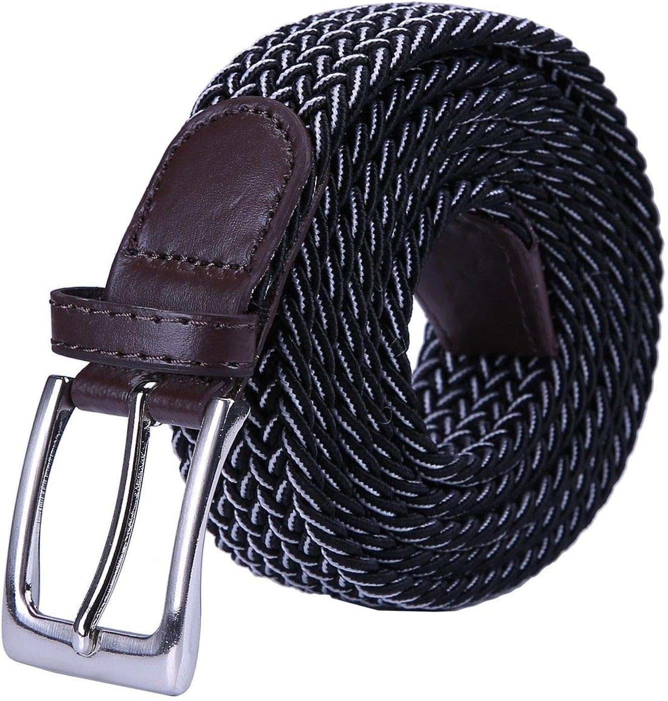 1Pc Black White Mens Elastic Braided  Woven Belt w/Leather Accents