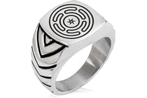 TIONEER Two-Tone Stainless Steel Hecate Greek Goddess of Magic Engraved Chevron Pattern Biker Style Polished Ring, Size 11
