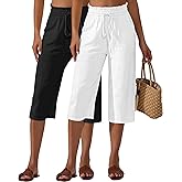 Neer 2 Pcs Women's Linen Wide Leg Capri Pants Beach High Waisted Drawstring Casual Loose Capris Pants with Pockets