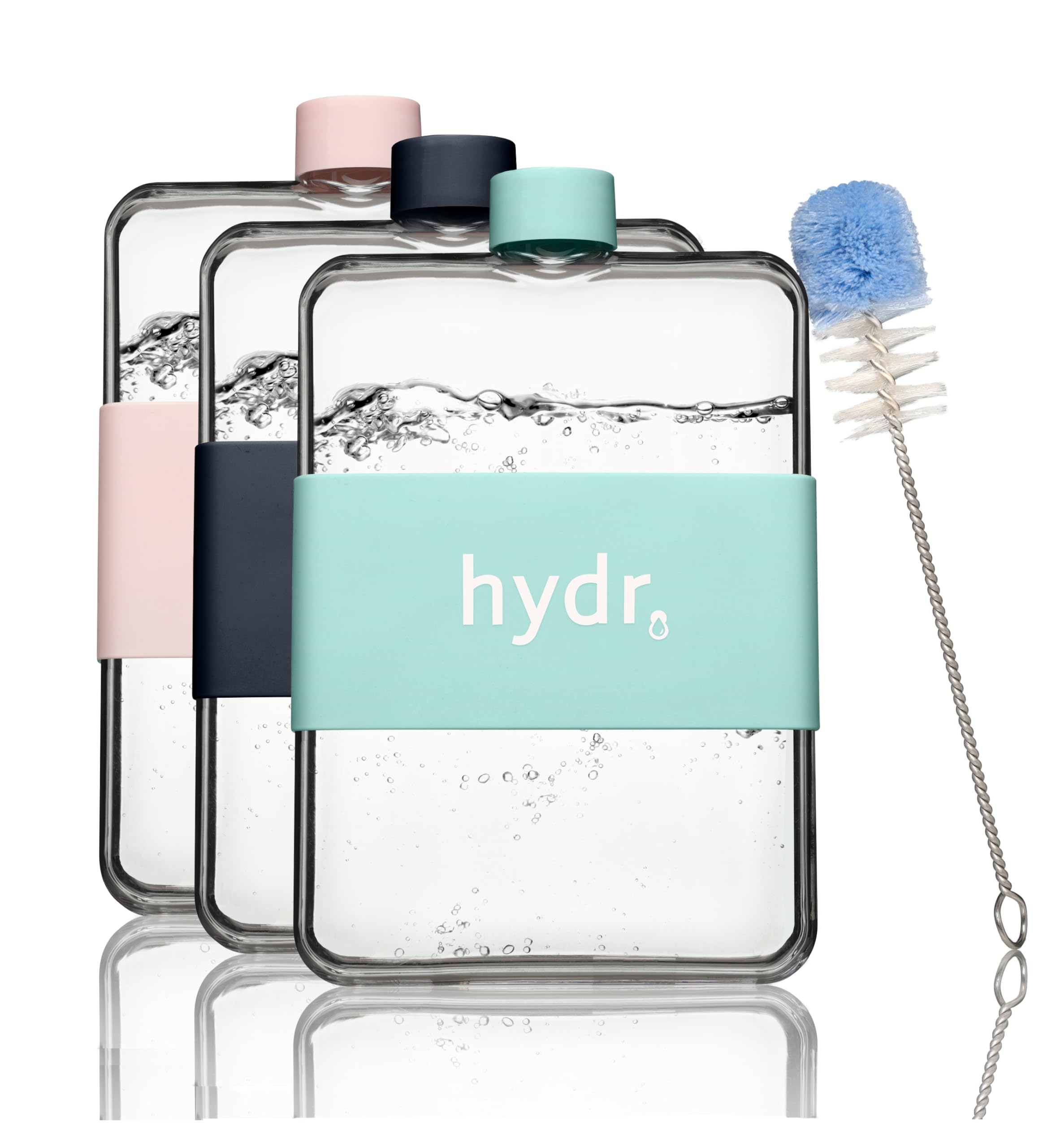 hydr™ Flat Water Bottle For Purse & Flexible Cleaning Brush | BPA Free Square, Leak/Drop Proof Slim Water Bottle For Travel, small (Lake blue)