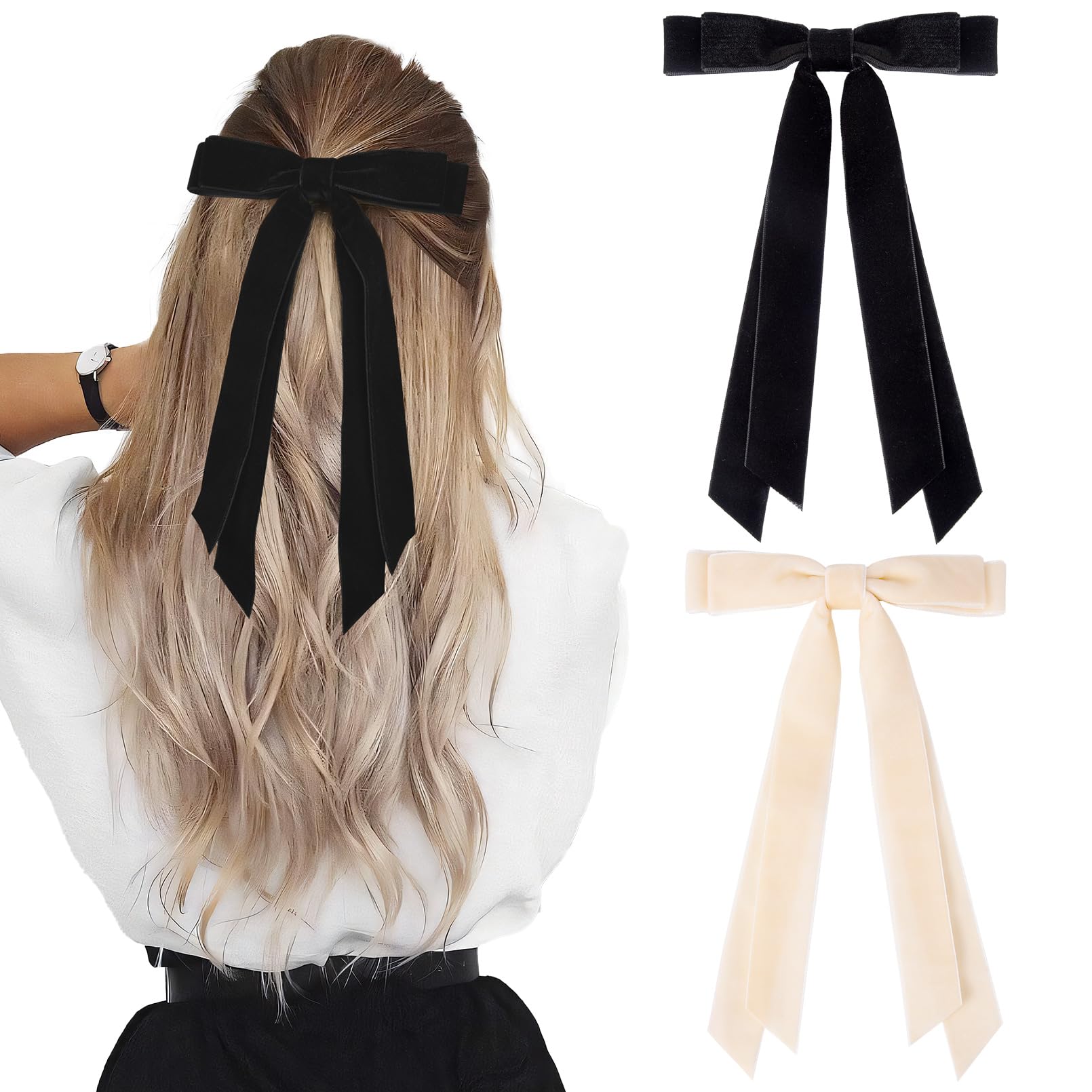 Photo 1 of 2PCS Hair Bows for Women Hair Clip Beige Black Hair Ribbon Hair Accessories Bowknot Long Hair Barrettes for Women Girls Toddlers Teens Kids