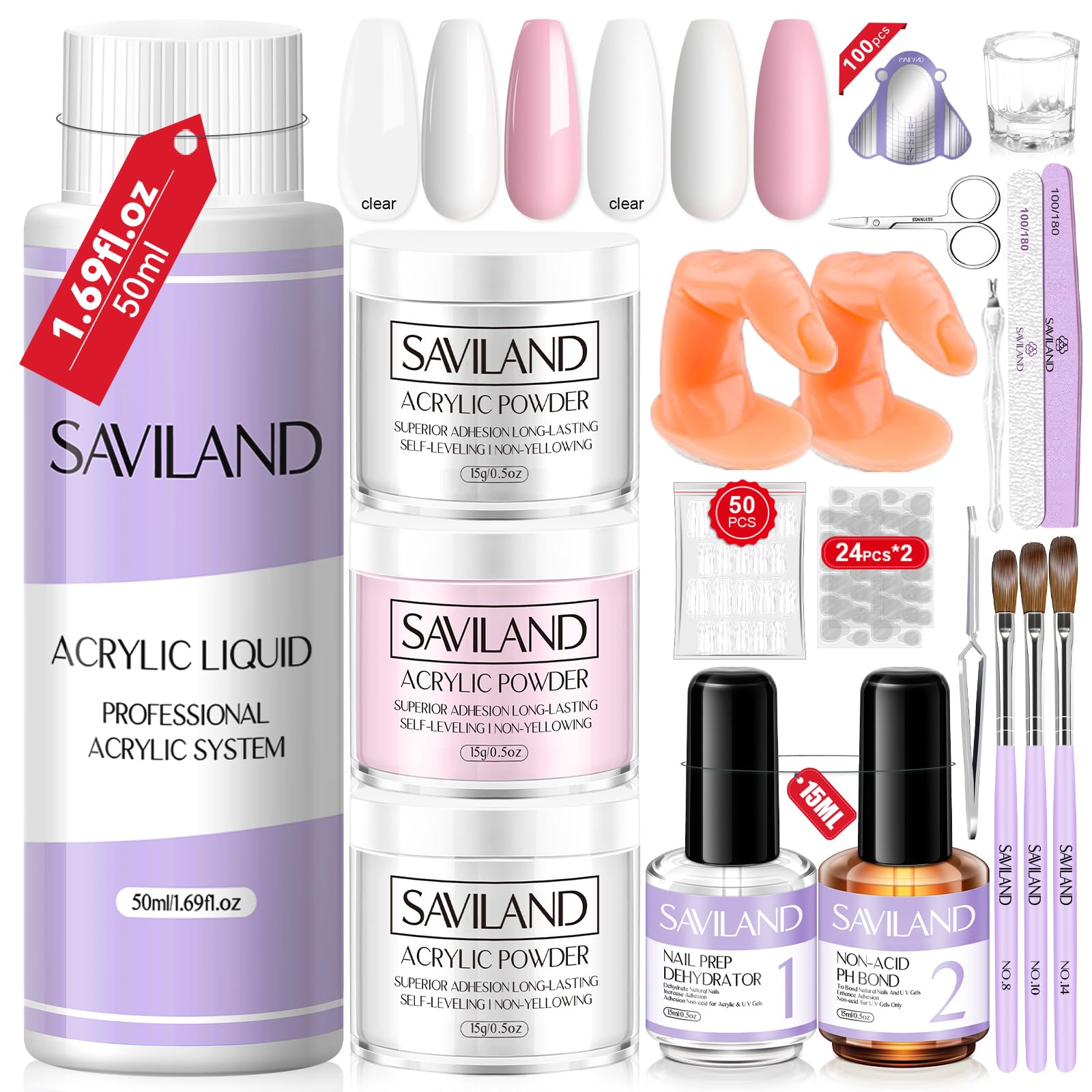 SAVILAND Acrylic Nail Kit with Everything: Clear White Pink Acrylic Powder and Liquid Set with Nail Dehydrator and Primer for Beginners DIY Nail Extension Manicure