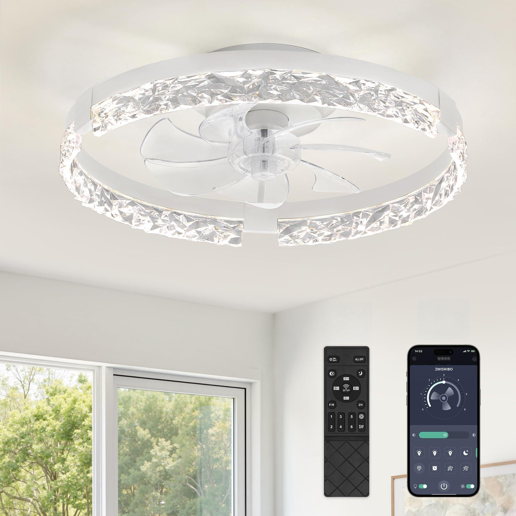 Photo 1 of ZMISHIBO 19.7" Ceiling Fans with Lights, Low Profile Ceiling Fan and Remote, Flush Mount Ceiling Fans, Stepless Dimmable LED Light, White Fixtures for Bedroom, Living Room