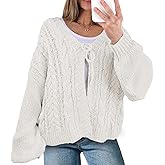 Saodimallsu Womens Tie Front Cardigan Sweaters Cable Knit V Neck Lantern Long Sleeve Casual Loose Sweater Coats