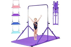 MARFULA Foldable Gymnastic Bar for Kids Ages 3-12, 9 Height Levels, 200 lbs Weight Capacity, 5 Ft Length Gymnastic Kip Bar with Mat, Gymnastic Equipment for Home and Gym Center Indoor Outdoor Use