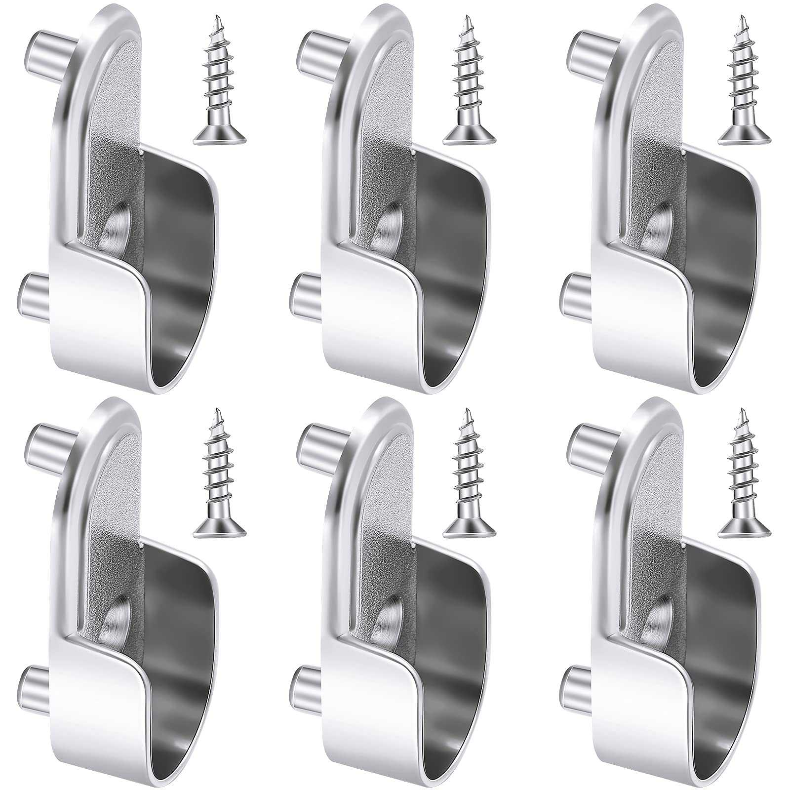 6 Pieces Oval Wardrobe Rail End Supports Rail Bracket 15 mm Silver Wardrobe Rod Flange Brackets and 6 Piece Screws for Closet, Polished Chrome Finish