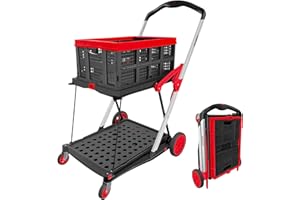 TORRYZA Foldable Shopping Cart with Wheels,Mobile Folding Trolley, Multi use Functional Collapsible Carts,360°Swivel Wheels,Utility Cart with Storage Crate,Shopping Cart, Red