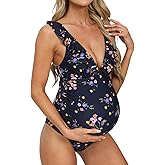 CUPSHE Women Swimsuit Maternity One Piece Bathing Suit Deep V Neck Ruffle Back Tie Ruching Adjustable Straps Swimwear