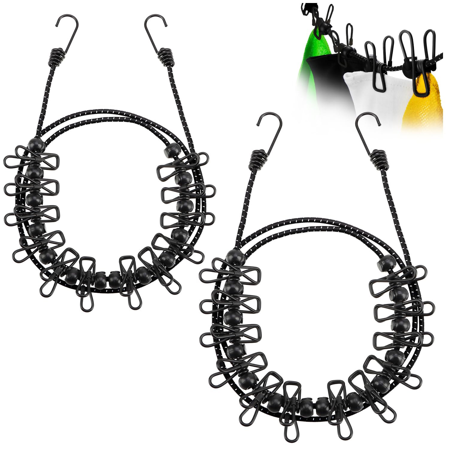 COM-FOUR® 2X travel clothesline - 180-350 cm per line - camping clothesline with reflective elastic band - clothesline with 12 metal clips each - mobile clothesline with hook (black/black)