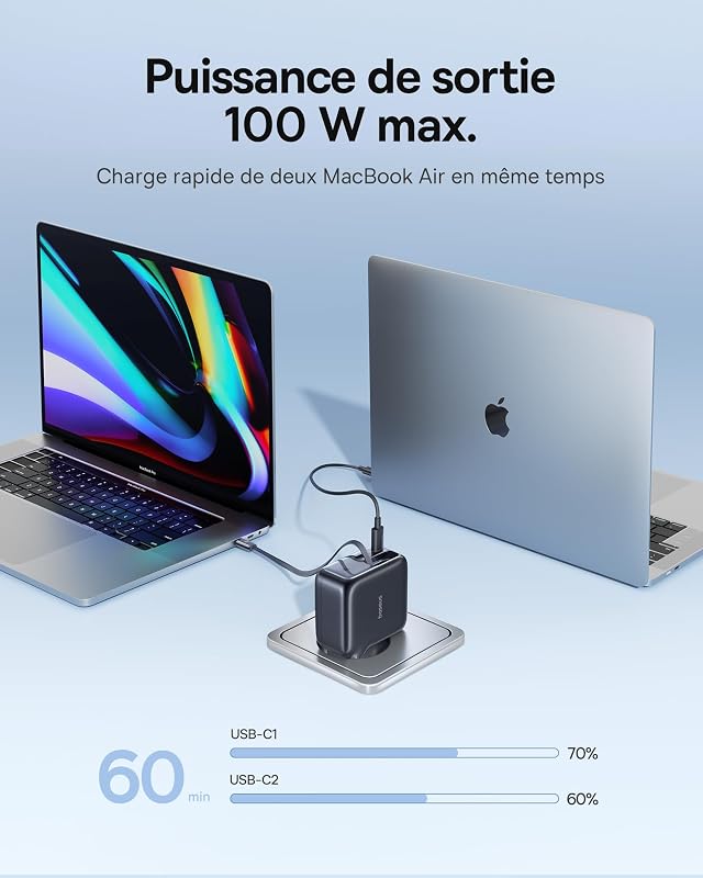 Enercore Chargeur USB C 100 W avec câble Extensible, 3 Ports GaN, Chargeur Rapide PD Compatible avec MacBook Pro Air, Dell, HP, iPad, iPhone 17-8 Pro Max Plus, Galaxy S25-S20 Ultra