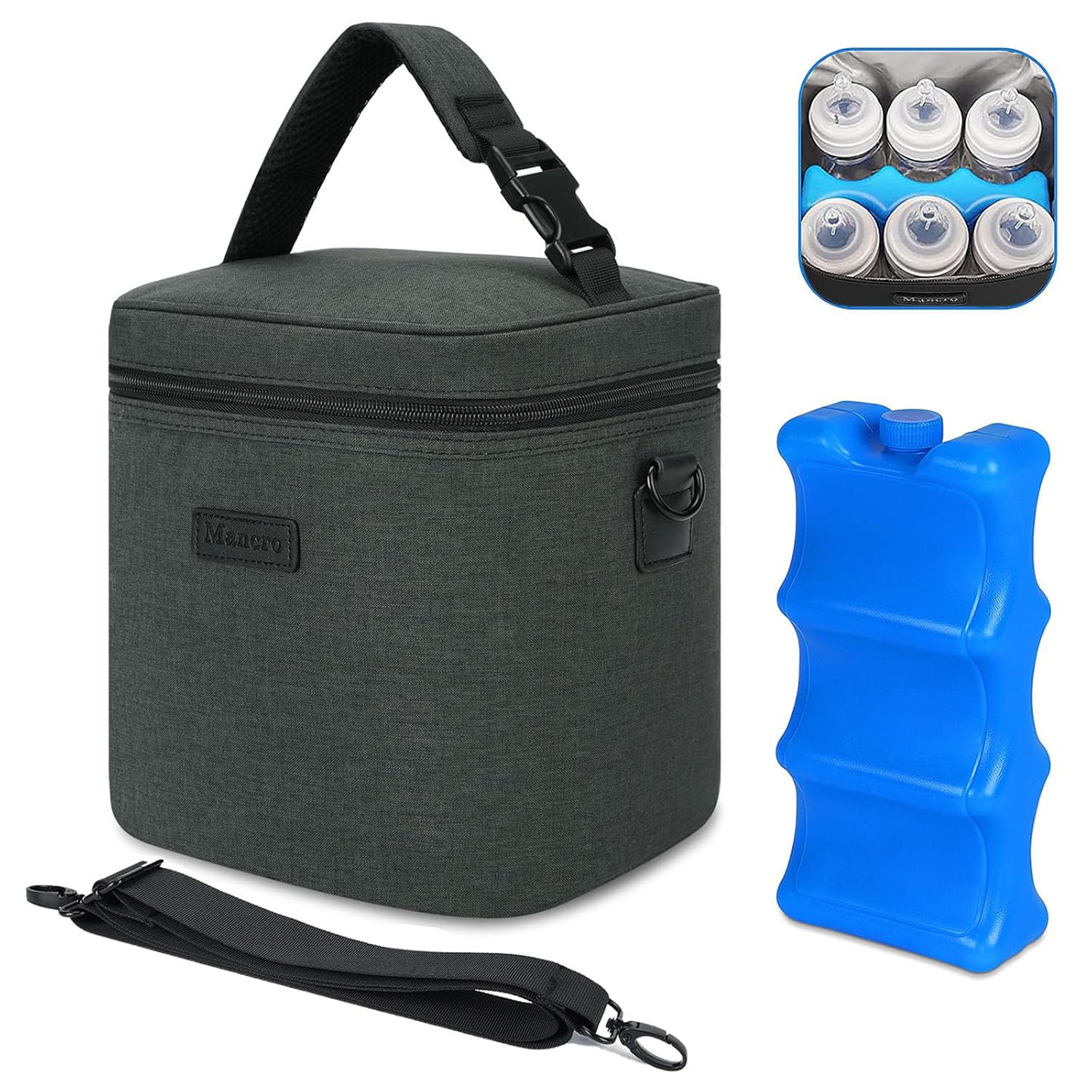 Photo 1 of Mancro Breastmilk Cooler Bag with Ice Pack, Insulated Bottle Bag for 6 Baby Bottles (Up to 9 Ounce) with Shoulder Strap for Nursing Moms on The Go or Daycare, Dark Grey