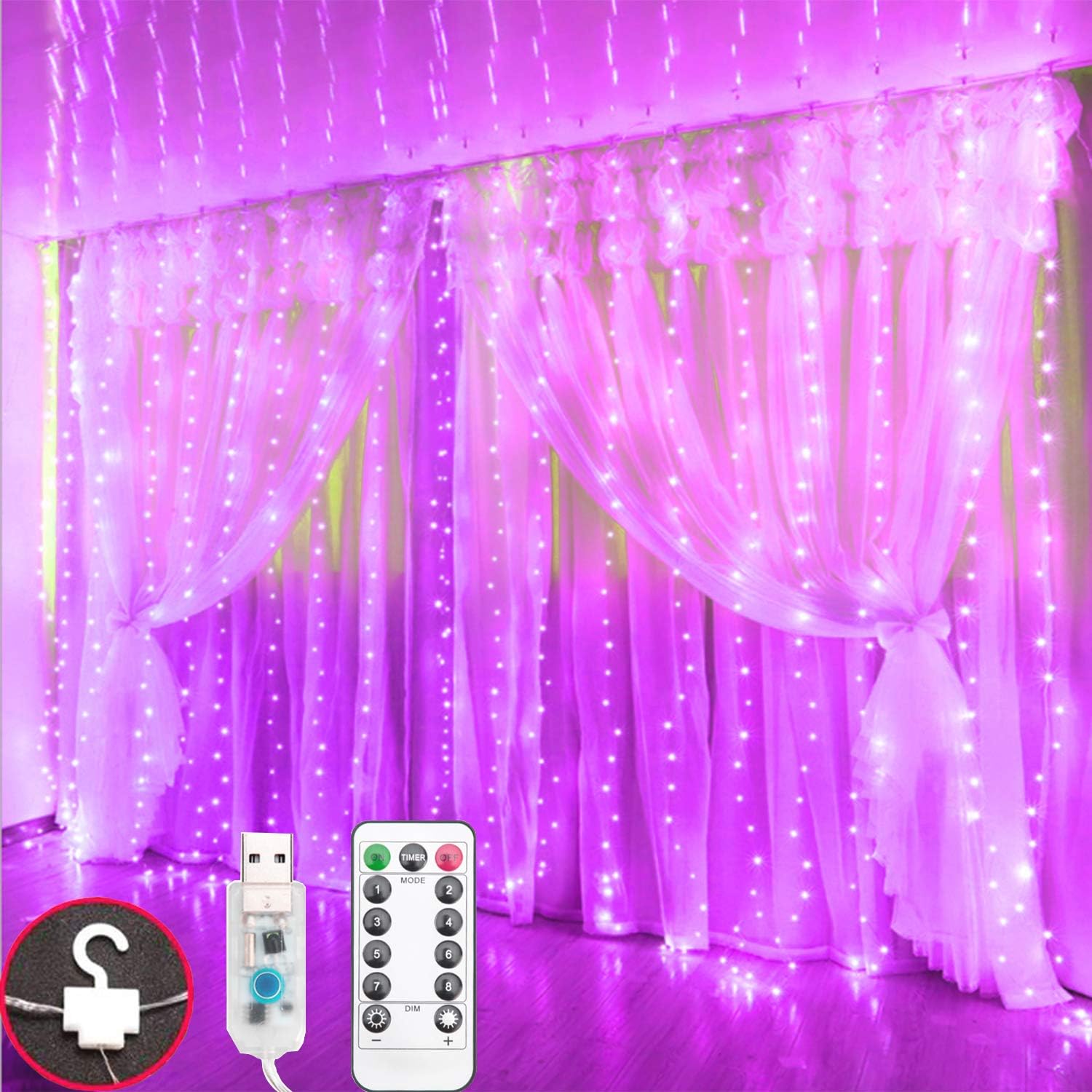 300 LED Curtain Lights, Pink Window Curtain String Lights