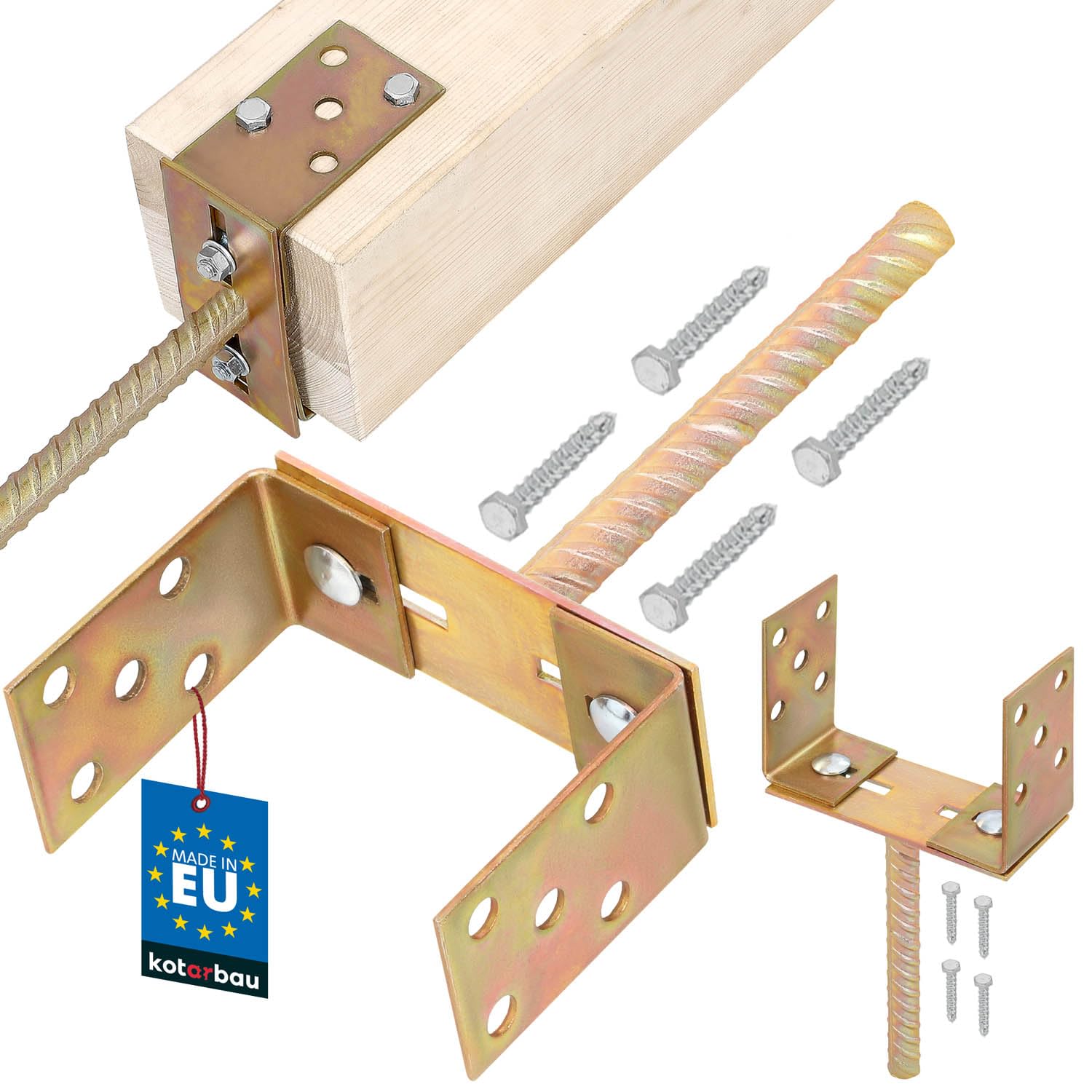 KOTARBAU - 1-Piece U-Shaped Post Support 0-160 mm - with Adjustable Width Concrete Anchor - 200 mm - Zinc-Plated - Colour: Gold