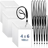 Chuangdi 100 Pcs Large 4 x 6 Inch Clear ID Badge Holder with Lanyard Waterproof Vertical Badge ID Card Holders Clear Plastic Tags Transparent PVC Pouch for Office (Black Lanyard)
