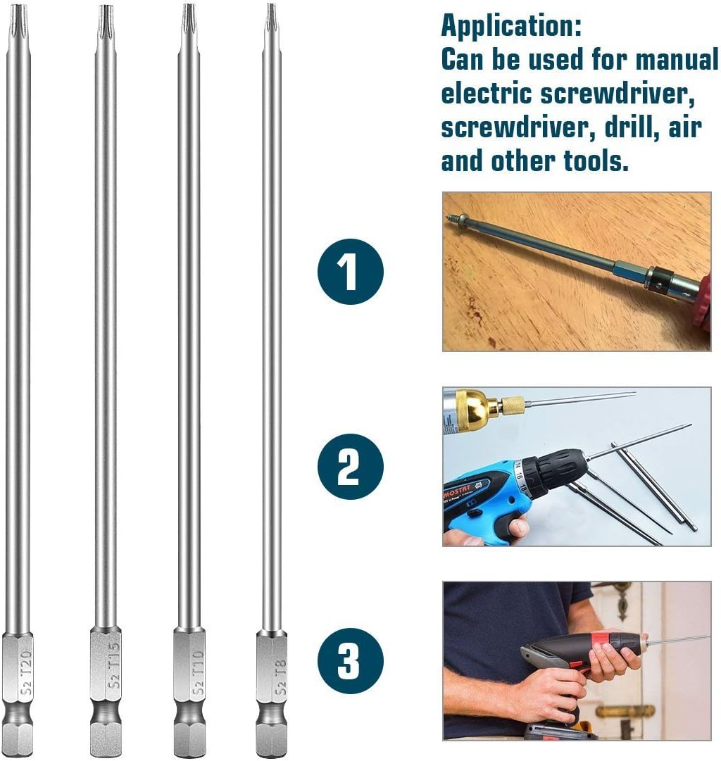 Rocaris 8 Pieces 1/4 Inch Magnetic Hex Shank T8-T40 6 Inch Length S2 Steel Torx Security Head Screwdriver Drill Set Bits - - 