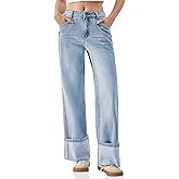 PLNOTME Womens Baggy Jeans Boyfriend Wide Leg Trendy Casual Mid Rise Cuffed Hem Denim Pants with Pockets