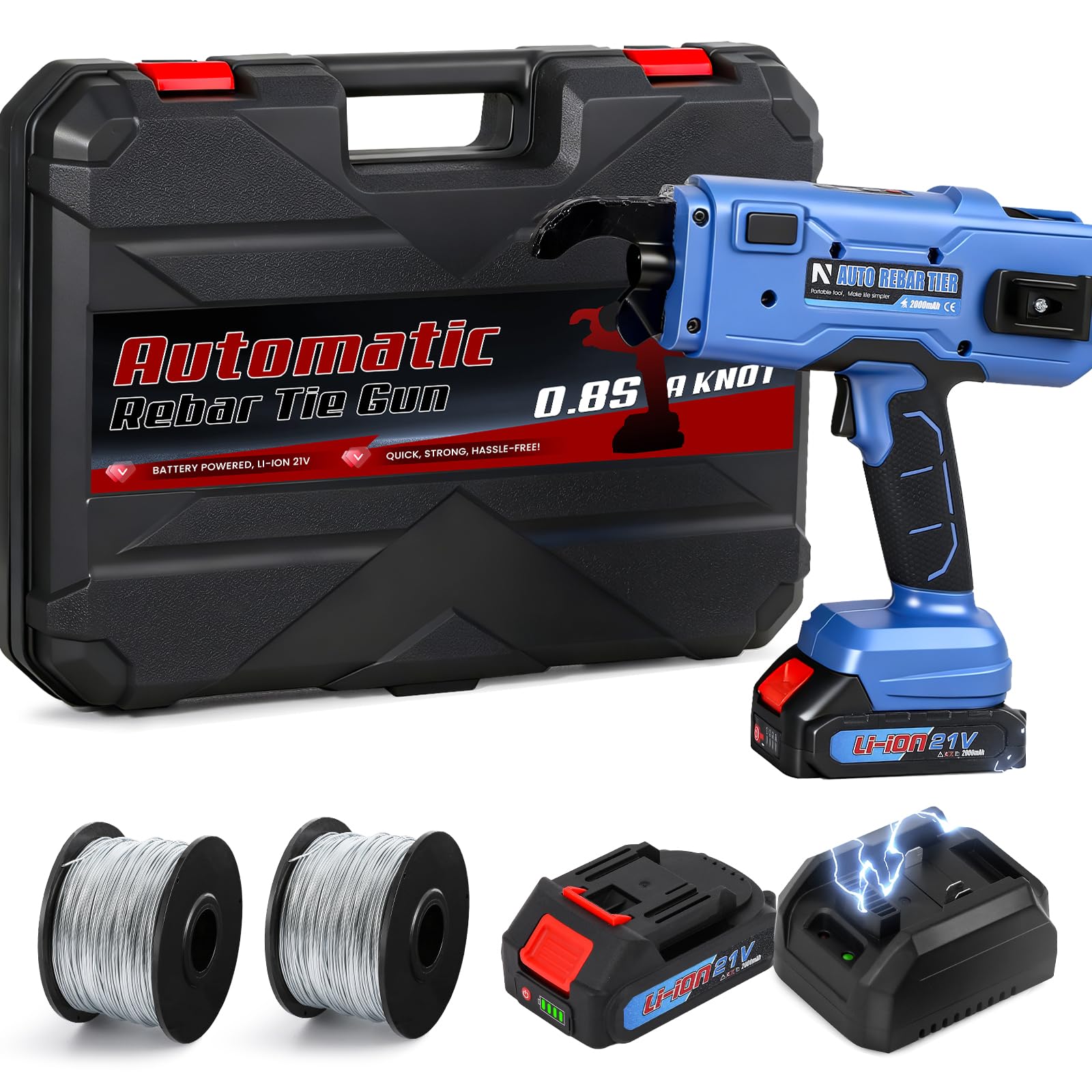 Photo 1 of NEWTRY Professional Cordless Rebar Tie Gun, Automatic Rebar Tying Tool with 2pcs 2000mAh Batteries & 360ft Coil, for 0.3"-1.33" Steel Rebar, 21V Battery Powered