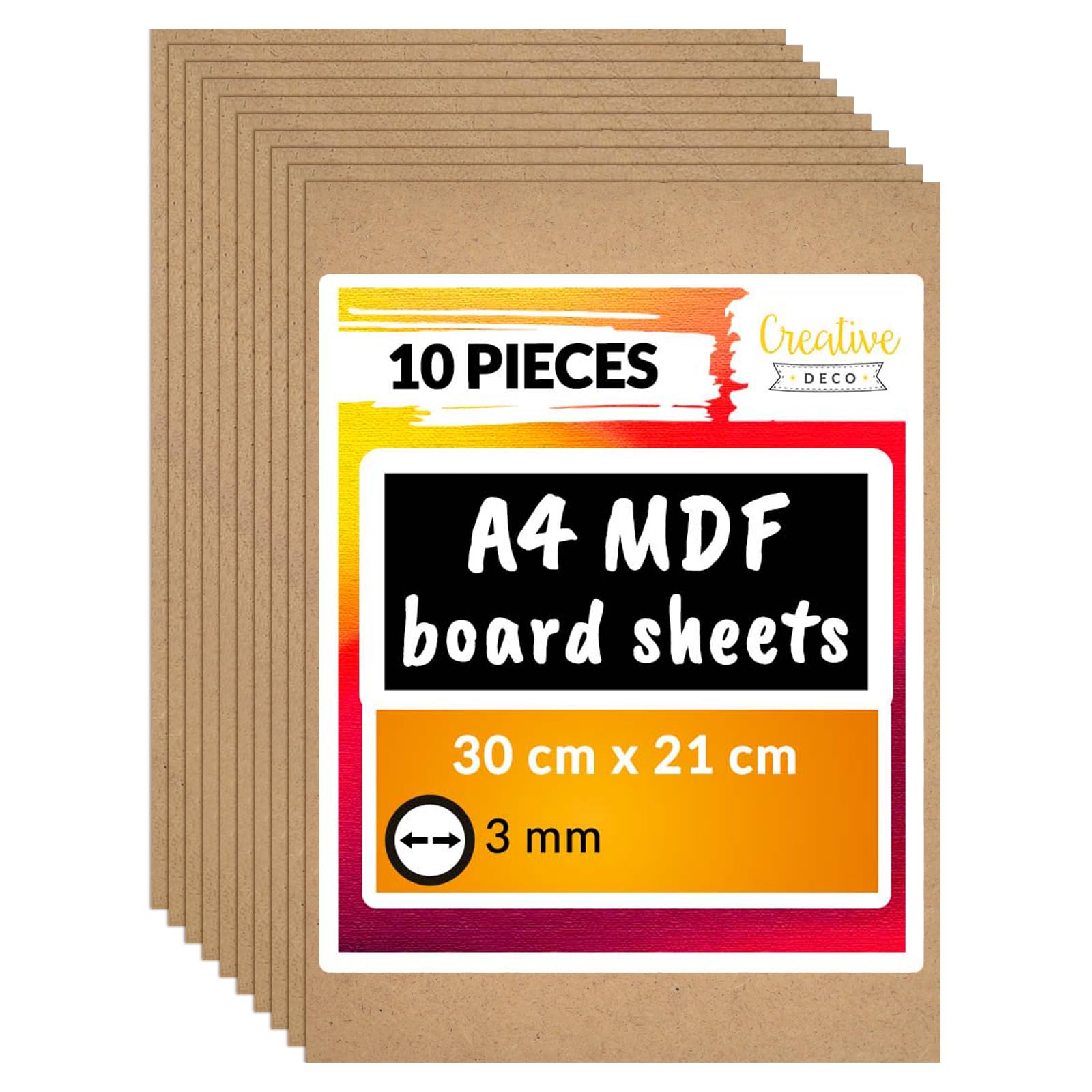Creative Deco 10 x A4 MDF Board Sheet | 300 x 210 x 3mm Wood | Wooden Blank for Drawing, Home Decor, Art and Craft, Painting, DIY Projects, Laser Cutter, CNC Cutting, Stenciling Pyrography