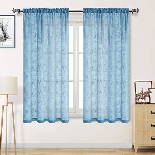Amazon Com Dwcn Blue Sheer Curtains Faux Linen Textured Rod