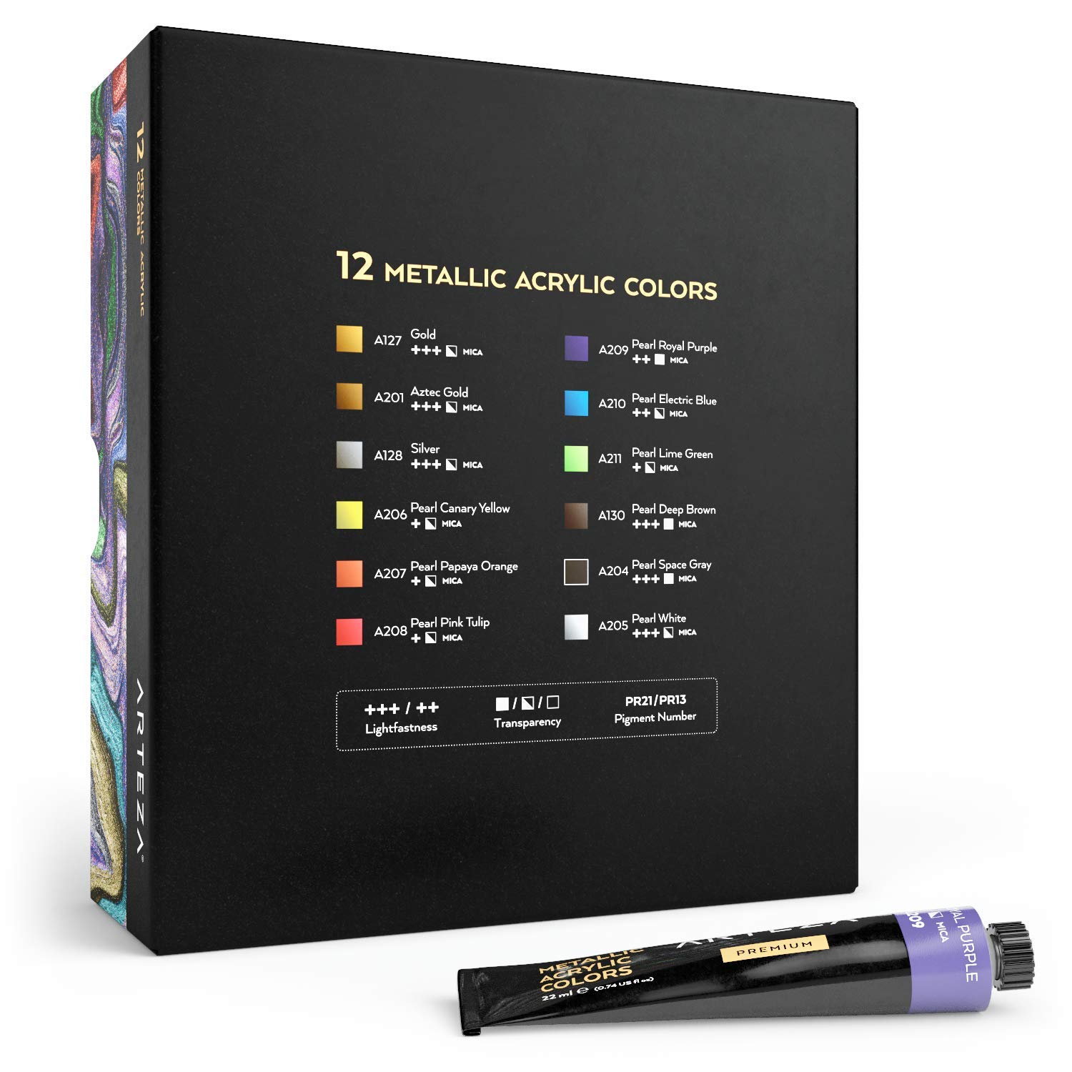 ARTEZA Metallic Acrylic Paint, Set of 12 Colors/Tubes (22 ml, 0.74 oz