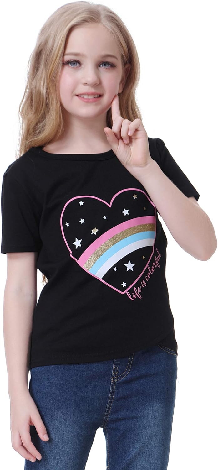 MyFav Girls Casual Short Sleeve Cute Print T-Shirts Round Neck Loose Tunic Tops for 6-15 Years: Clothing