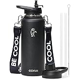 Coolflask 40 oz Water Bottle with Strap, Insulated Metal Water Flask with Straw & Spout Lids, Stainless Steel Double Wall Vacuum, Keep Cold 48h Hot 24h, Leak Proof & Non-BPA, Magic Black