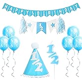 Half Birthday Party Pack Decorations: Comes in Baby Blue or Ultra Pink (1/2 Candle, 1/2 Balloons, 1/2 Hat and 1/2 Banners) (Blue)
