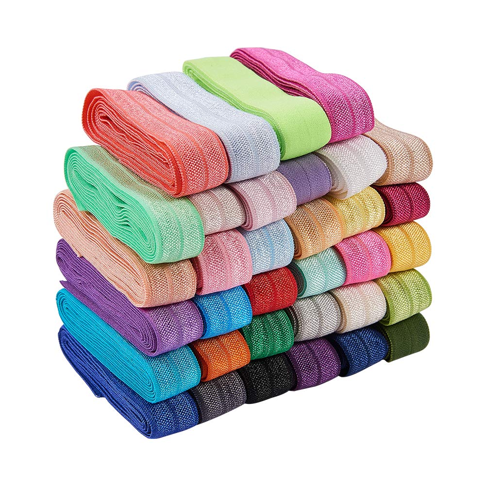 BENECREAT 37 Yards/34m 15mm Wide Foldover Ribbon Elastic Stretch FOE Elastic Band for Hair Ties Headbands, 34 Colors