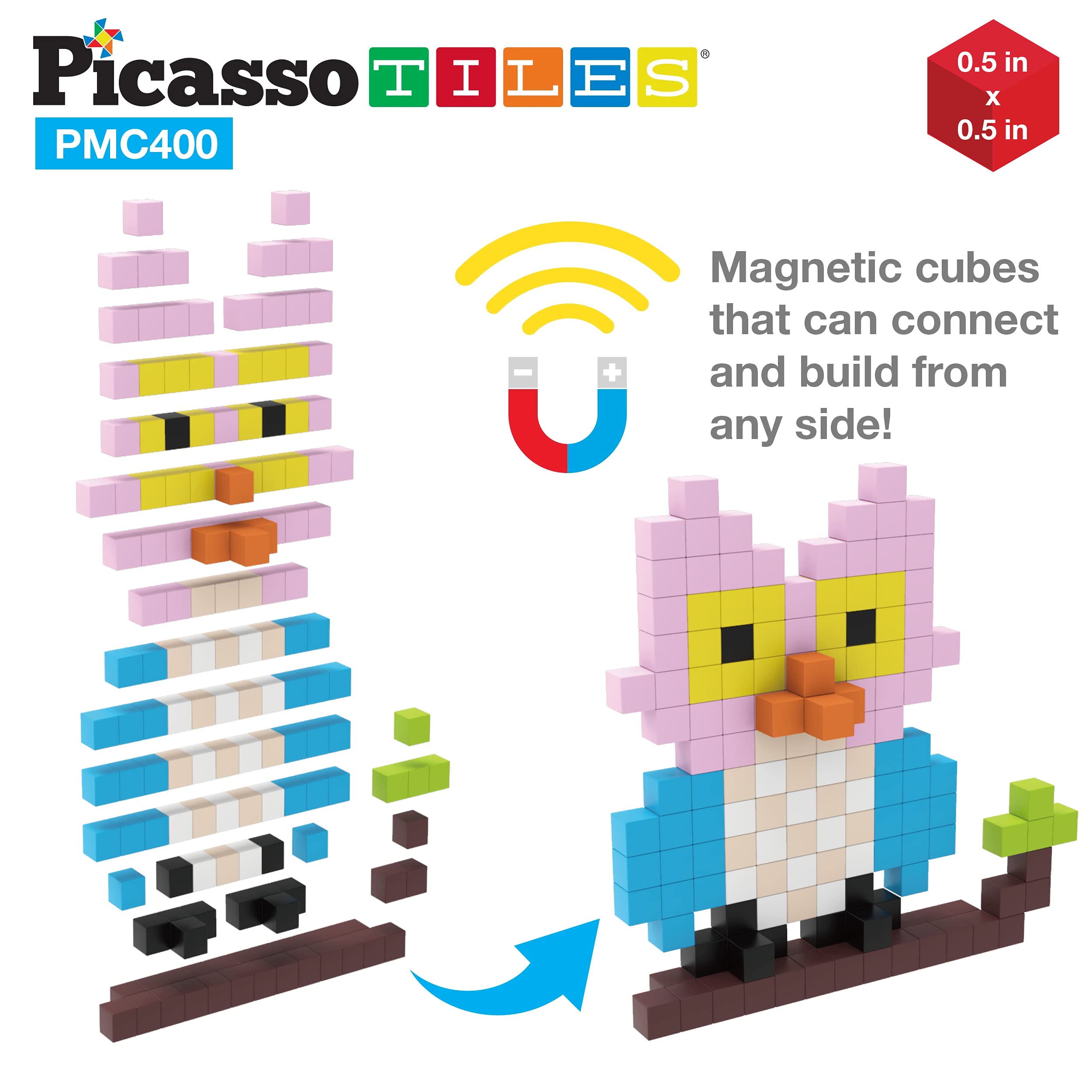 Picasso Cubes 0.5” Pixel Magnetic Puzzle Cube 400 Piece Mix & Match Sensory Toys STEAM Education Learning Building Block Magnets Children Construction Toy Set Stacking Magnet Creative Kit PMC400