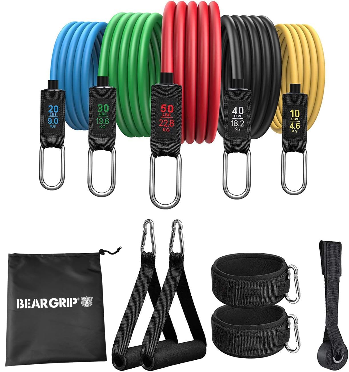 BEAR GRIP - 11 Pcs Resistance Bands Set, Home Workout Kit, Exercise Bands with Handles, Door Anchor and Free bag (Exercise Bands)