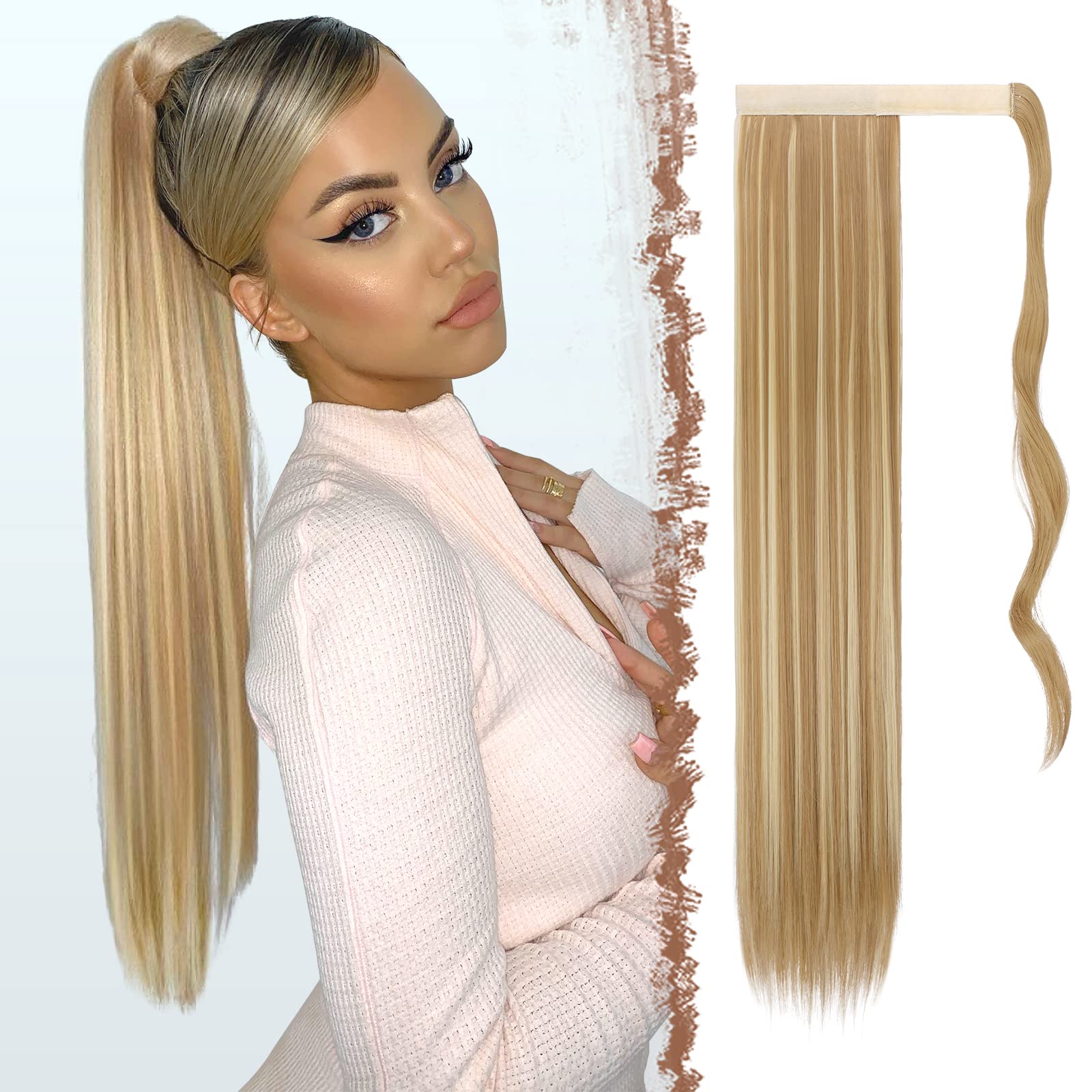 FESHFEN Straight Ponytail Extensions Long Wrap Around Ponytail Synthetic Clip in Pony Tail Hair Extensions Golden Blonde & Bleach Blonde Hairpiece for Women, 28 inch