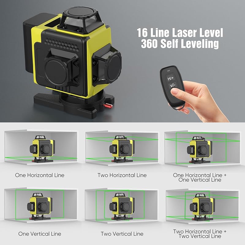 Nivel láser autonivelante 360° X 4, láser de construcción 4D con 16 líneas láser, modo de pulso para exteriores, 2 baterías, autonivelación, soporte rotativo, control remoto.(Sin Trípode)
