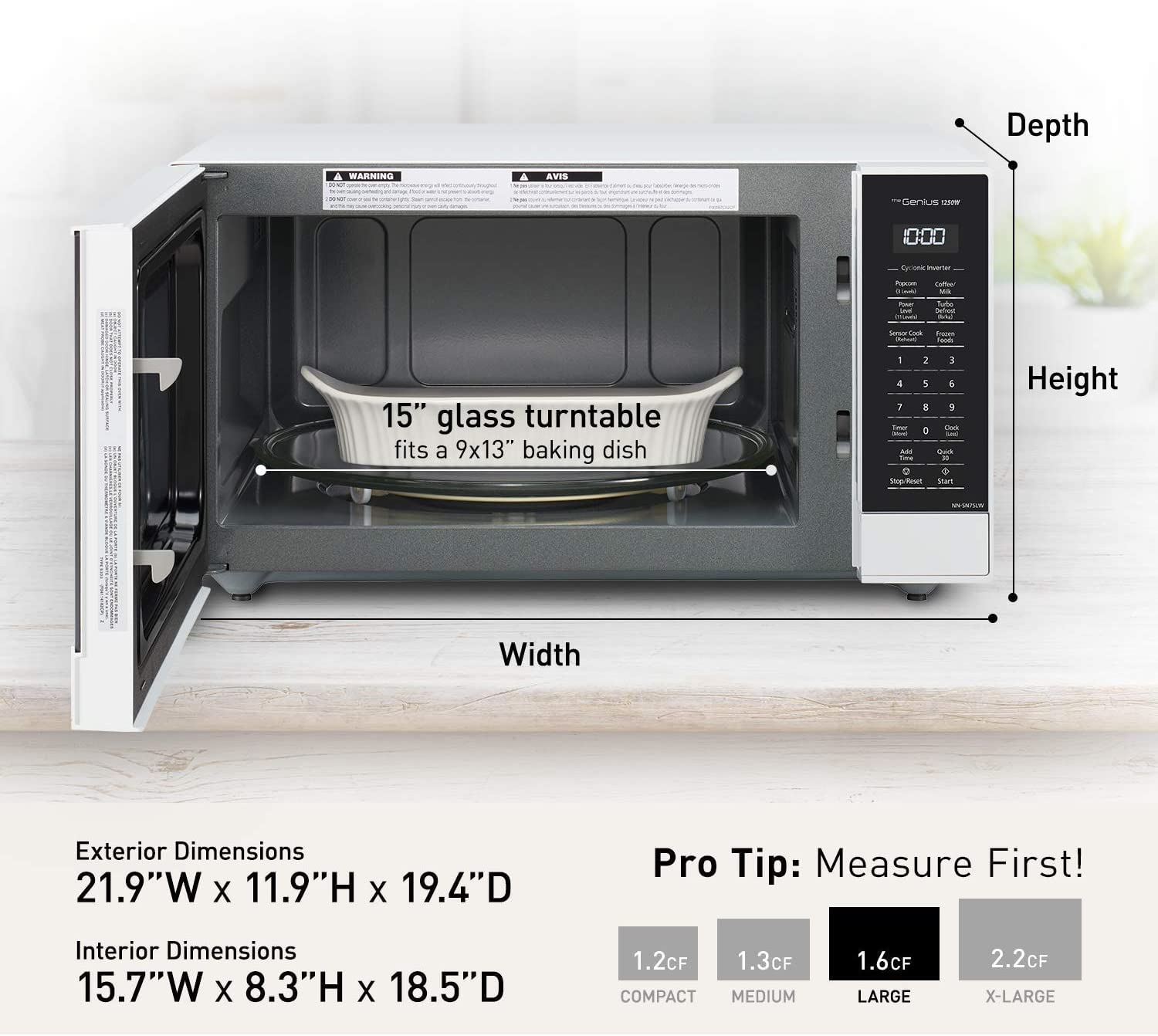 Panasonic NN-SN75LW cu.ft Cyclonic Inverter Countertop Microwave Oven 1250Watt Power with Genius Sensor Cooking, 1.6 cft, White