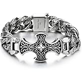 COOLSTEELANDBEYOND Mens Large Steel Tribal Tattoo Pattern Vintage Cross ID Identification Fancy Curb Chain Bracelet