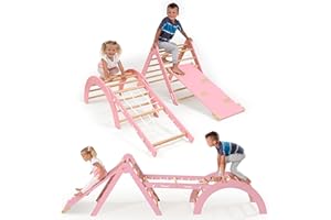 Ocodile Extra-Large 6-in-1 Pikler Triangle Climbing Set – Oversized Montessori Climbing Toys for Toddlers – Spacious Indoor Wooden Play Gym for Kids Ages 2-6 – Pink