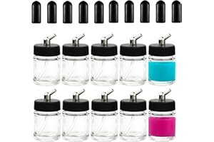 HUBEST 10PCS 22CC Airbrush Glass Bottles with Jar Caps Airbrush jar with 10pcs Adapter Cap Covers Set with 60° Down Angle Adaptor Lid Assembly for Master, Iwata Single Action Airbrush